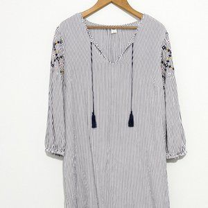 Striped Boho Dress with Embroidered Flower Sleeves, Size Large